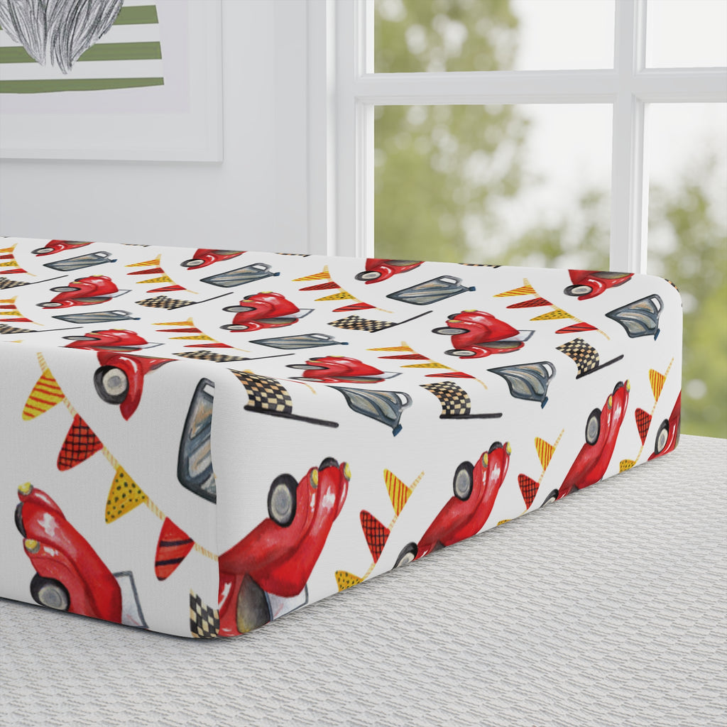 Baby Changing Pad Cover — Red Vintage Cars & Road Signs Nursery Crib Sheet