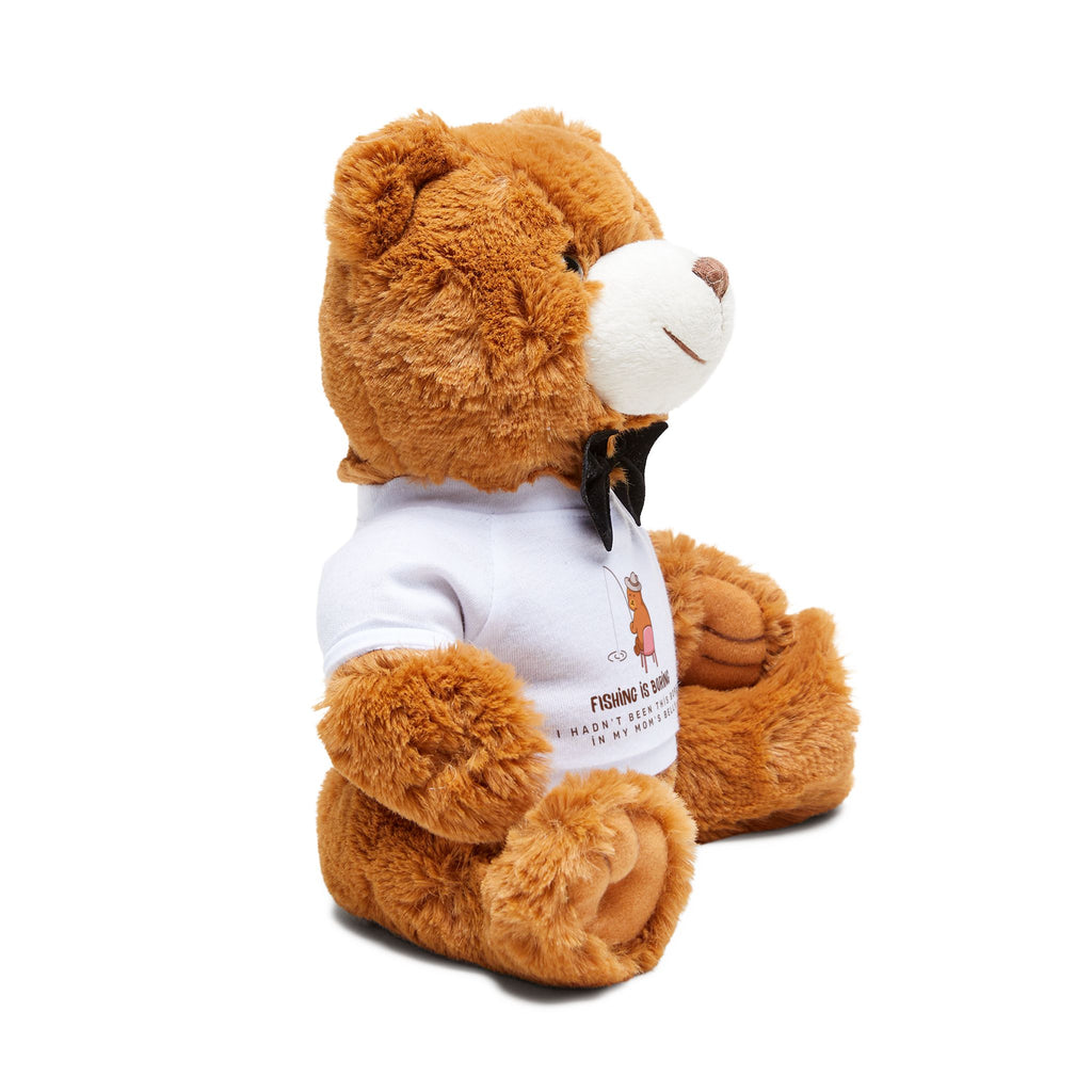 Plush Teddy Bear with 'Fishing Is Boring' T-Shirt — Cute Gift for Kids & Fishing Fans