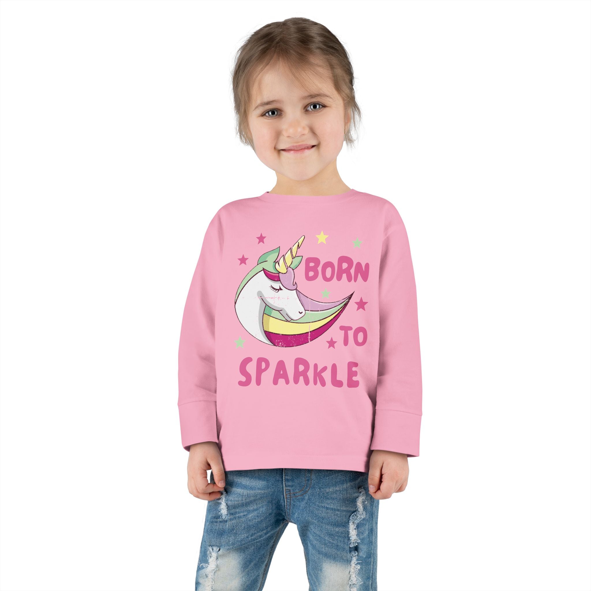 Toddler Long Sleeve Tee — "Born to Sparkle" Unicorn Rainbow Shirt