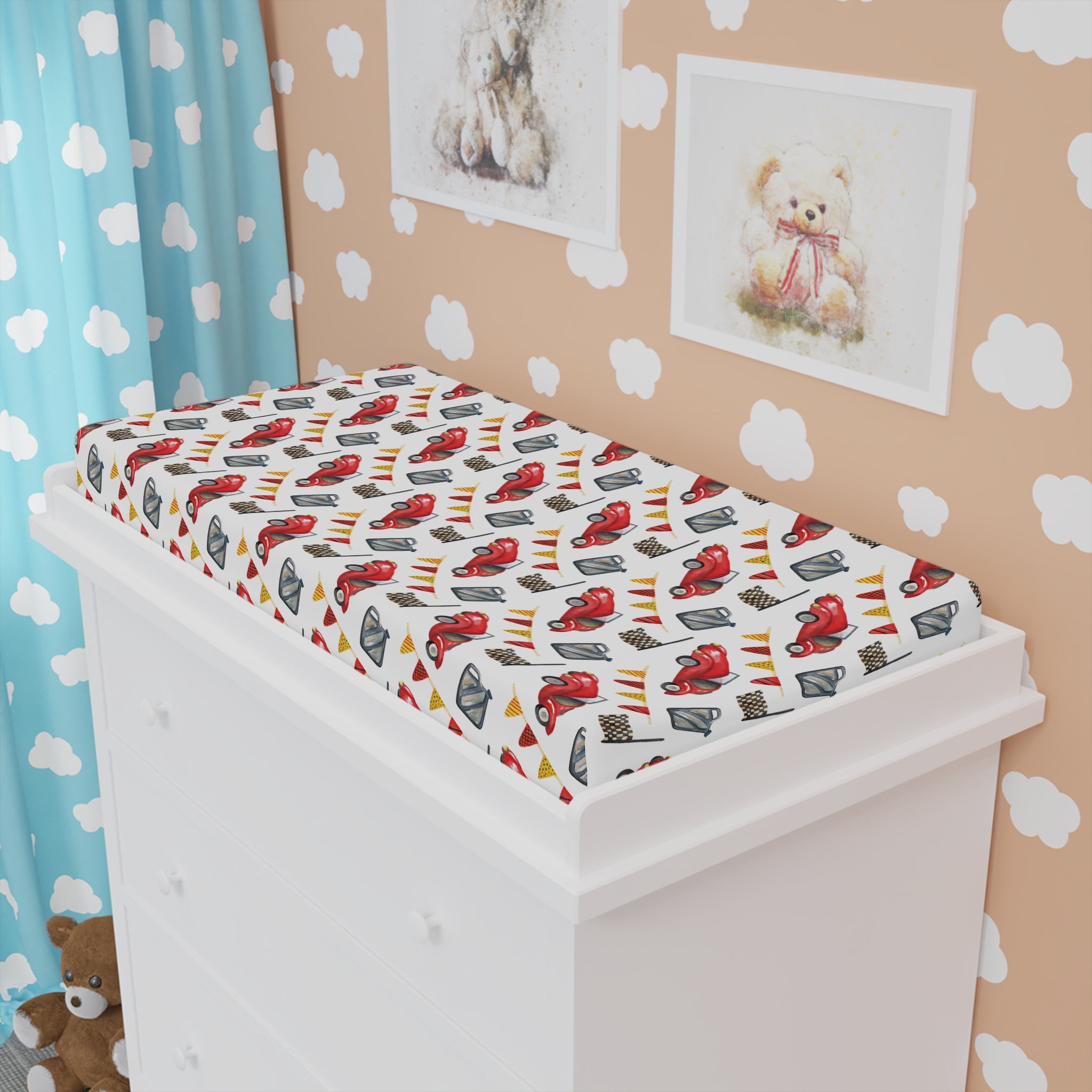 Baby Changing Pad Cover — Red Vintage Cars & Road Signs Nursery Crib Sheet