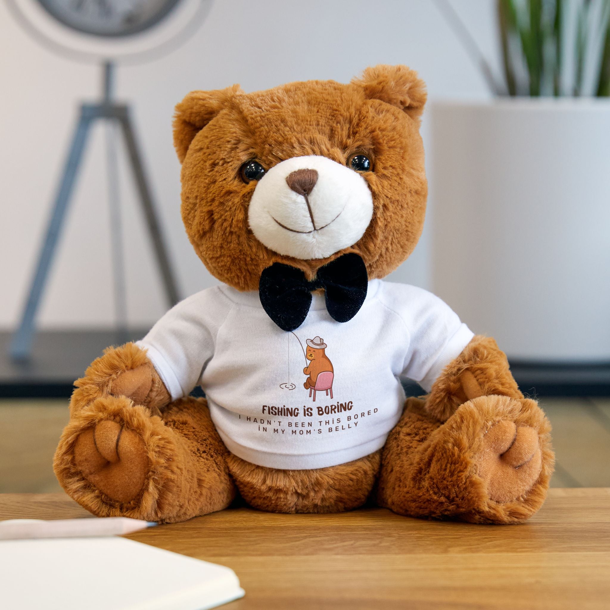 Plush Teddy Bear with 'Fishing Is Boring' T-Shirt — Cute Gift for Kids & Fishing Fans