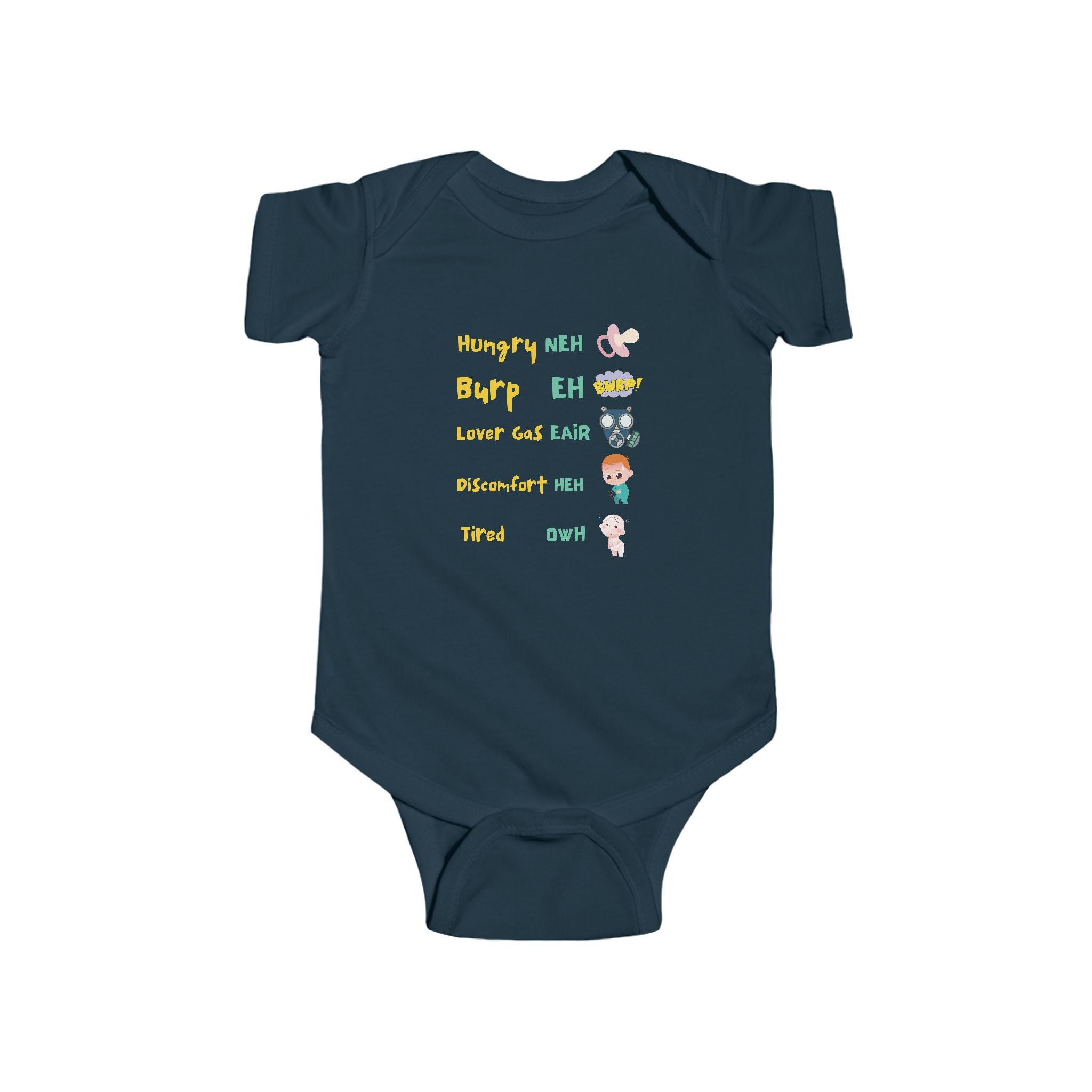 Baby Bodysuit — Cute Milestone Icons: 'Hungry, Burp, Love, Diaper, Tired' Baby One-Piece