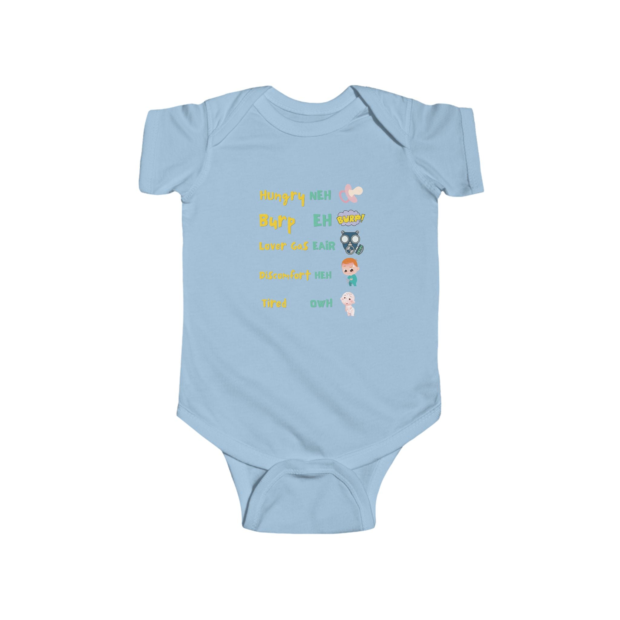 Baby Bodysuit — Cute Milestone Icons: 'Hungry, Burp, Love, Diaper, Tired' Baby One-Piece