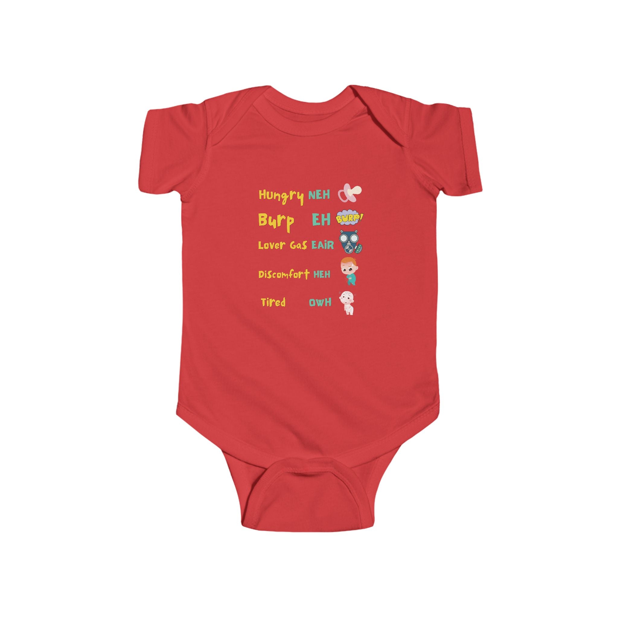 Baby Bodysuit — Cute Milestone Icons: 'Hungry, Burp, Love, Diaper, Tired' Baby One-Piece