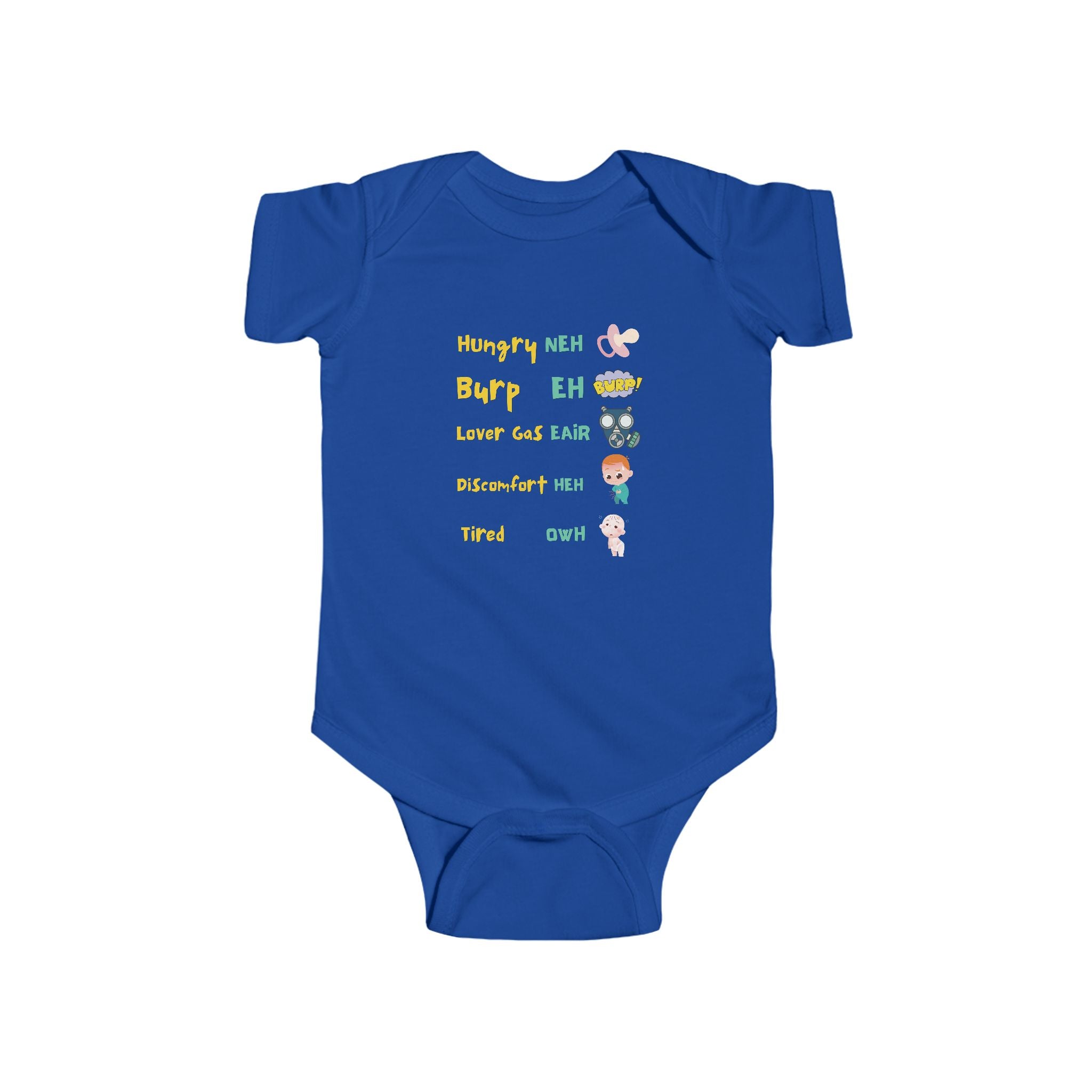 Baby Bodysuit — Cute Milestone Icons: 'Hungry, Burp, Love, Diaper, Tired' Baby One-Piece