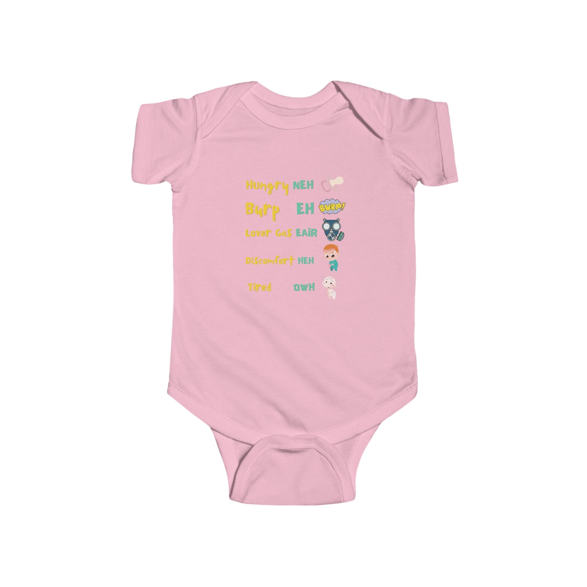 Baby Bodysuit — Cute Milestone Icons: 'Hungry, Burp, Love, Diaper, Tired' Baby One-Piece