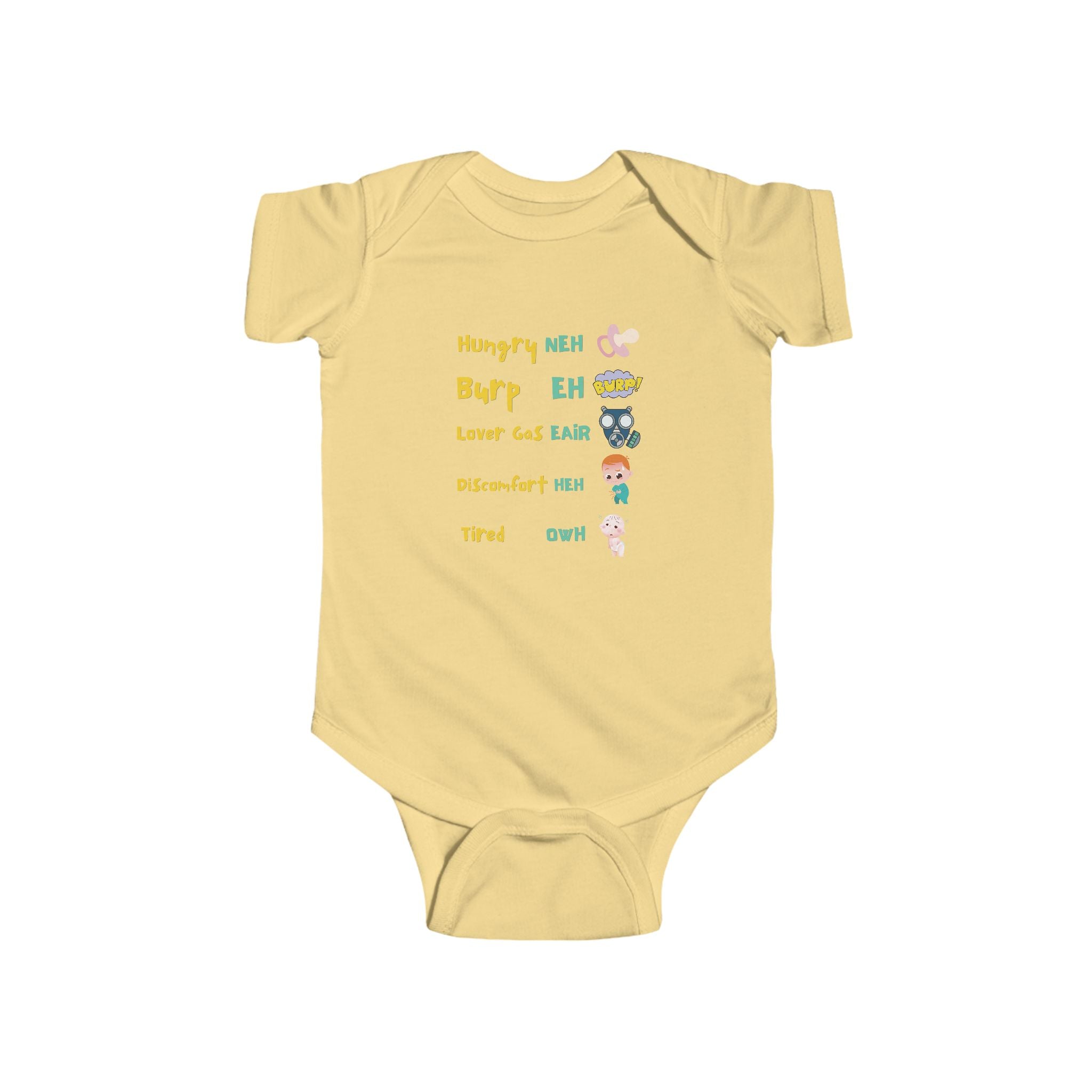Baby Bodysuit — Cute Milestone Icons: 'Hungry, Burp, Love, Diaper, Tired' Baby One-Piece
