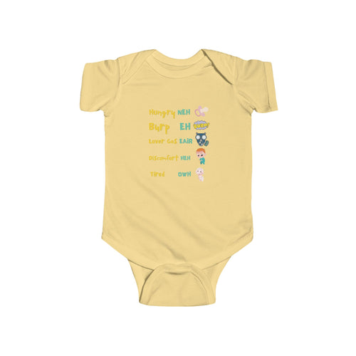 Baby Bodysuit — Cute Milestone Icons: 'Hungry, Burp, Love, Diaper, Tired' Baby One-Piece