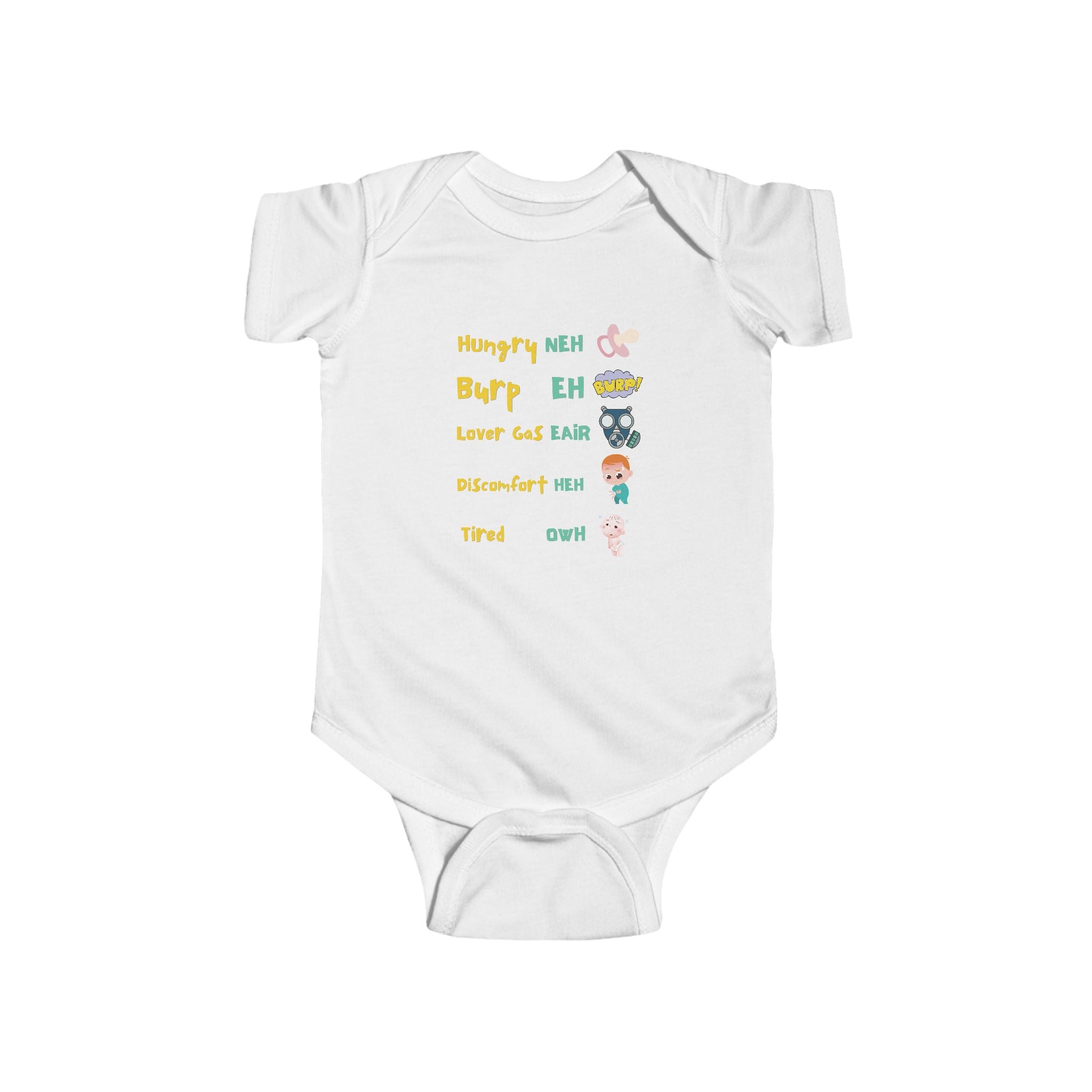 Baby Bodysuit — Cute Milestone Icons: 'Hungry, Burp, Love, Diaper, Tired' Baby One-Piece