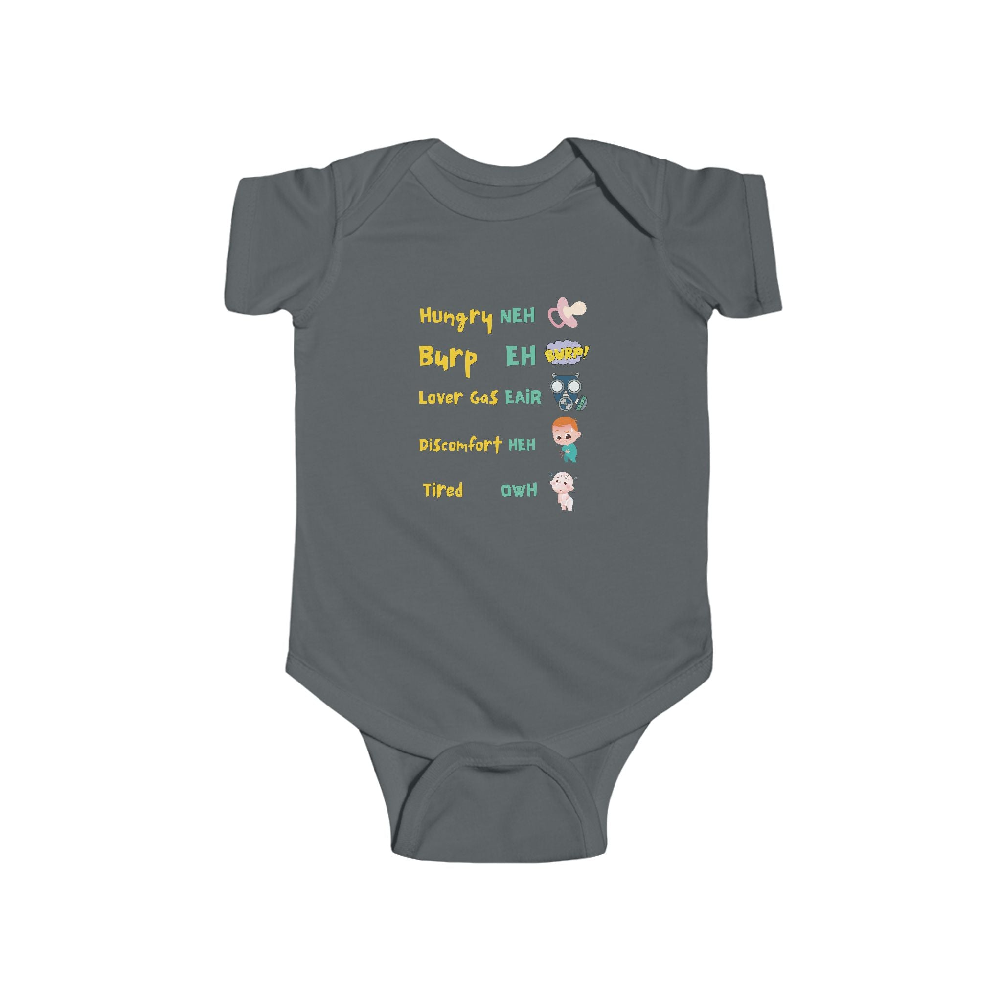 Baby Bodysuit — Cute Milestone Icons: 'Hungry, Burp, Love, Diaper, Tired' Baby One-Piece