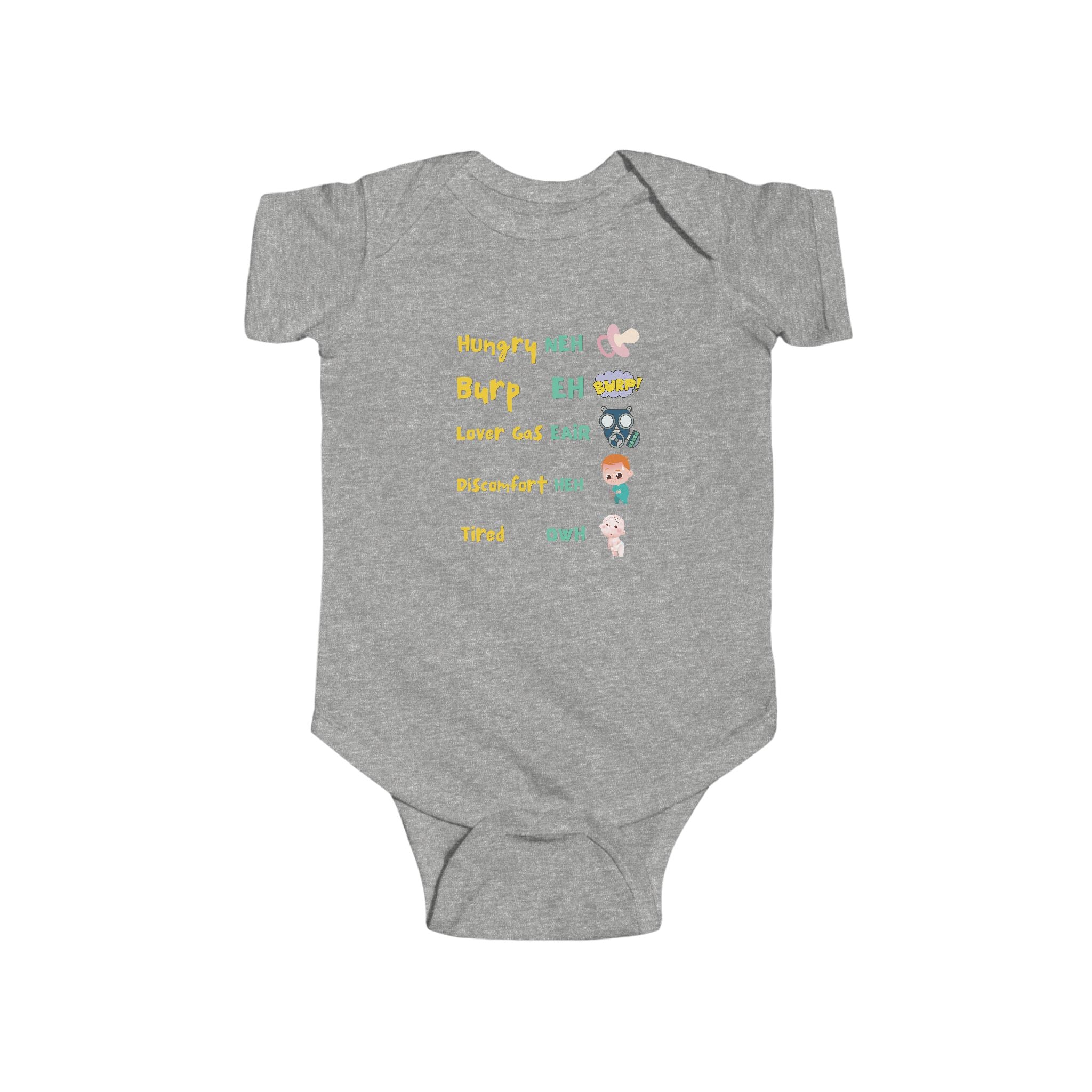 Baby Bodysuit — Cute Milestone Icons: 'Hungry, Burp, Love, Diaper, Tired' Baby One-Piece