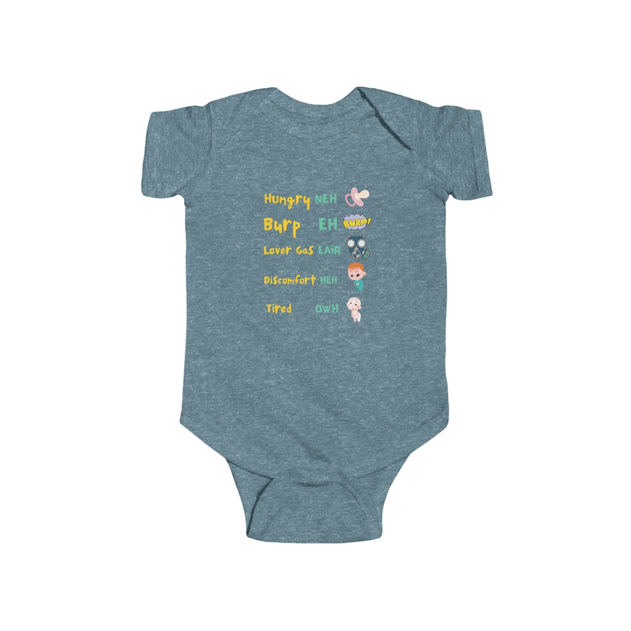 Baby Bodysuit — Cute Milestone Icons: 'Hungry, Burp, Love, Diaper, Tired' Baby One-Piece
