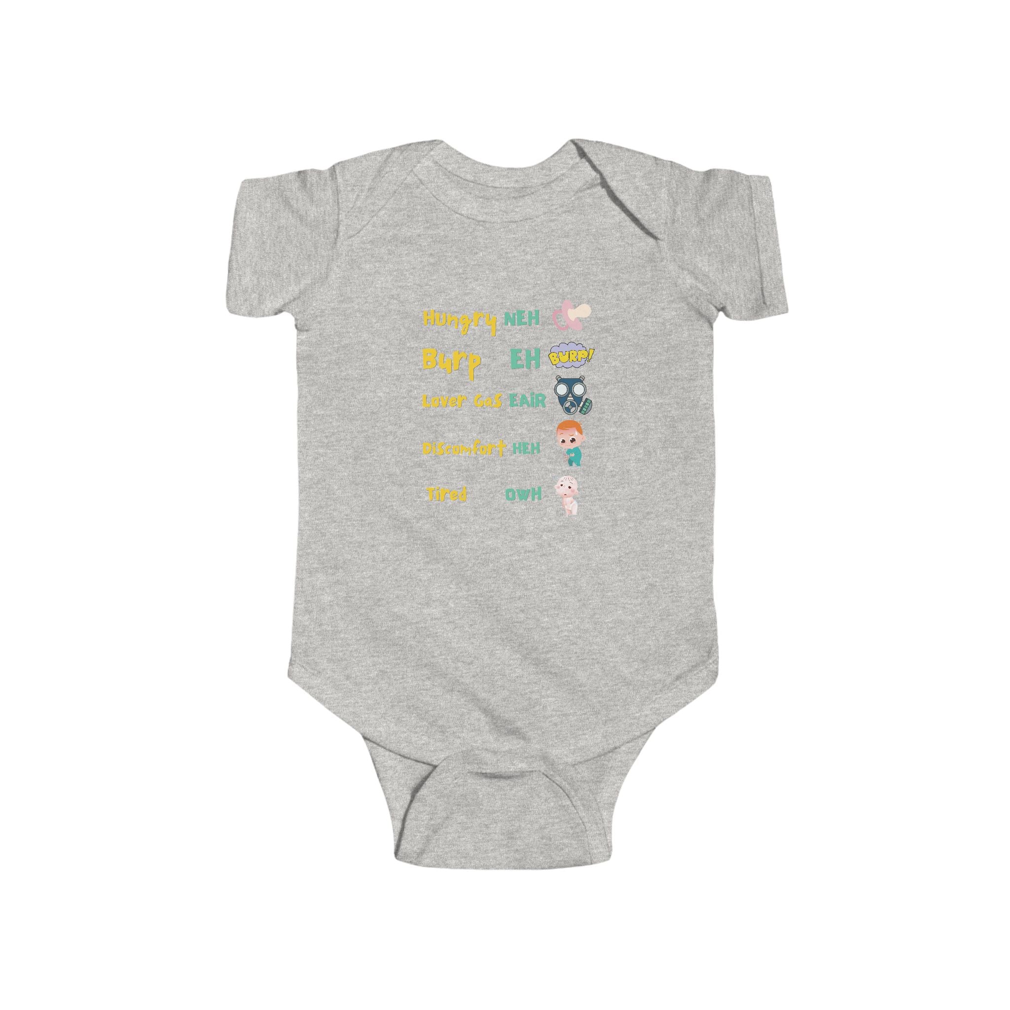 Baby Bodysuit — Cute Milestone Icons: 'Hungry, Burp, Love, Diaper, Tired' Baby One-Piece