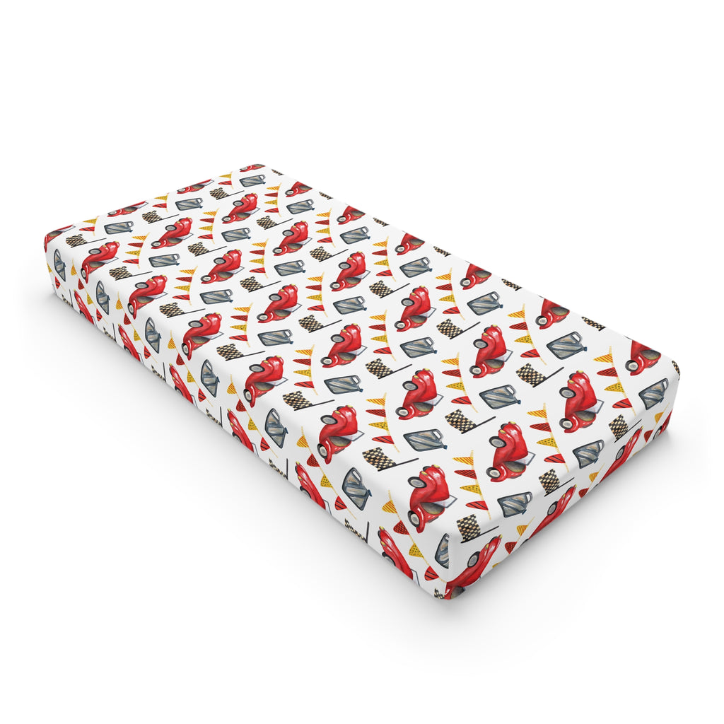 Baby Changing Pad Cover — Red Vintage Cars & Road Signs Nursery Crib Sheet