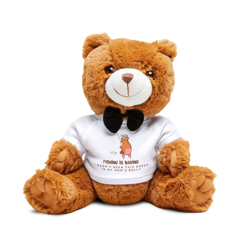 Plush Teddy Bear with 'Fishing Is Boring' T-Shirt — Cute Gift for Kids & Fishing Fans